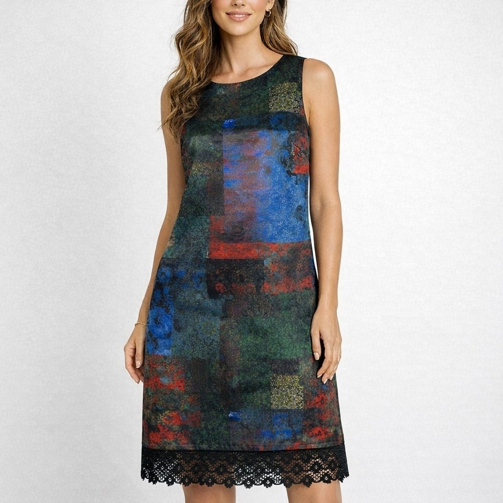 Alice Olivia Sheath Dress Multicolor Jewel Patchwork Print Lace Trim Satin Small